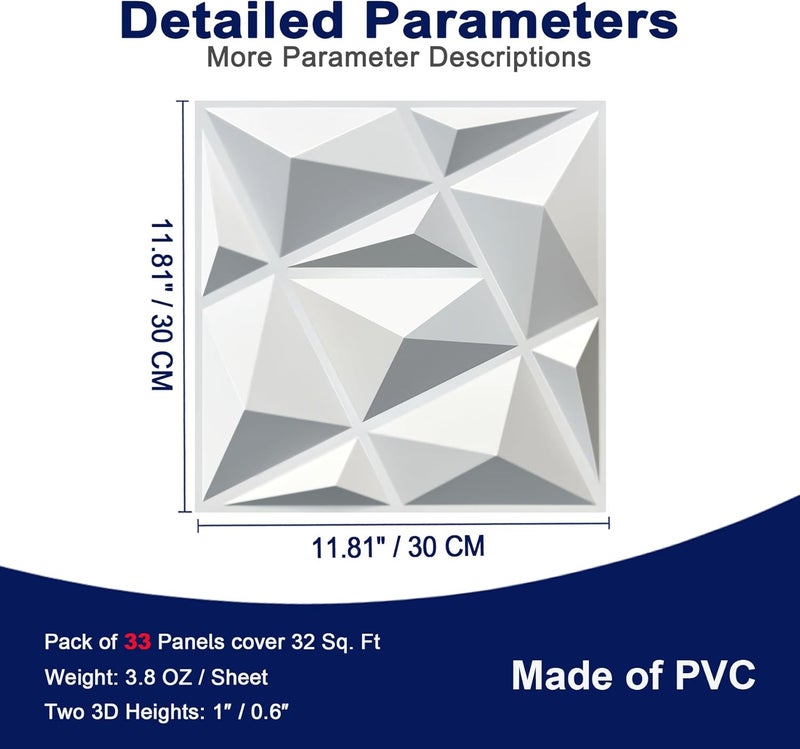 MIX3D 33 Pack 3D Wall Panels, Modern Diamond Textured Design for Interior Wall Decor in Living Room Bedroom Game Room Office Hotel, White, 12'' x 12'' Cover 32 Sq. Ft - Image 3
